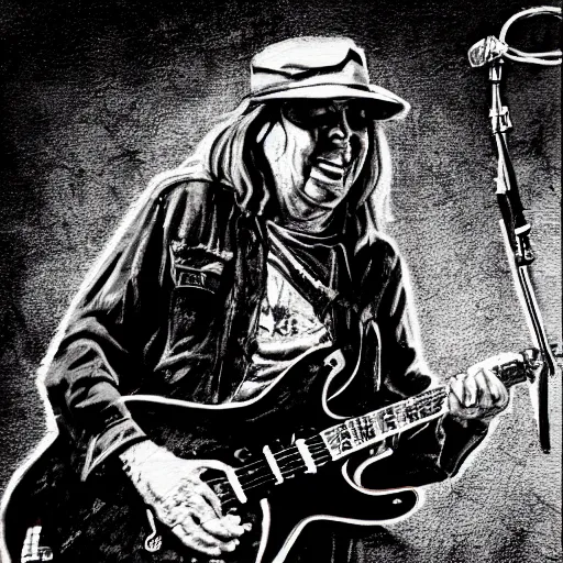 Image similar to neil young shredding during a live performance, happy, smile, digital art, highly detailed, trending on art station