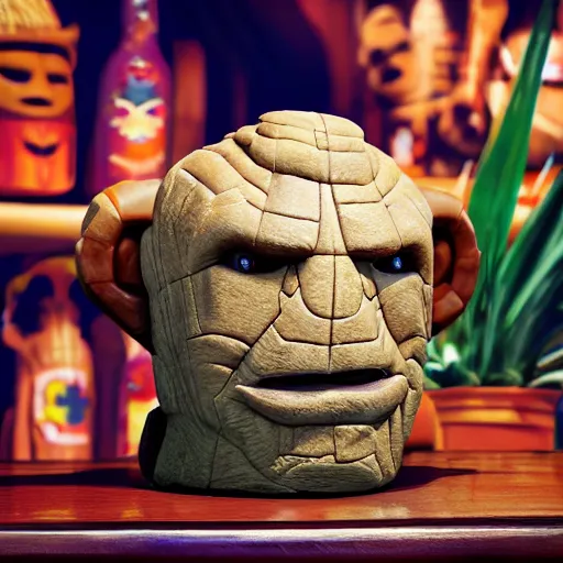 Image similar to a closeup photorealistic photograph of ben grimm's face on a tiki mug at a trader vic's beach bar. fantastic four. tiki culture. bright scene. fine detail. this 4 k hd image is trending on artstation, featured on behance, well - rendered, extra crisp, features intricate detail, epic composition and the style of unreal engine.