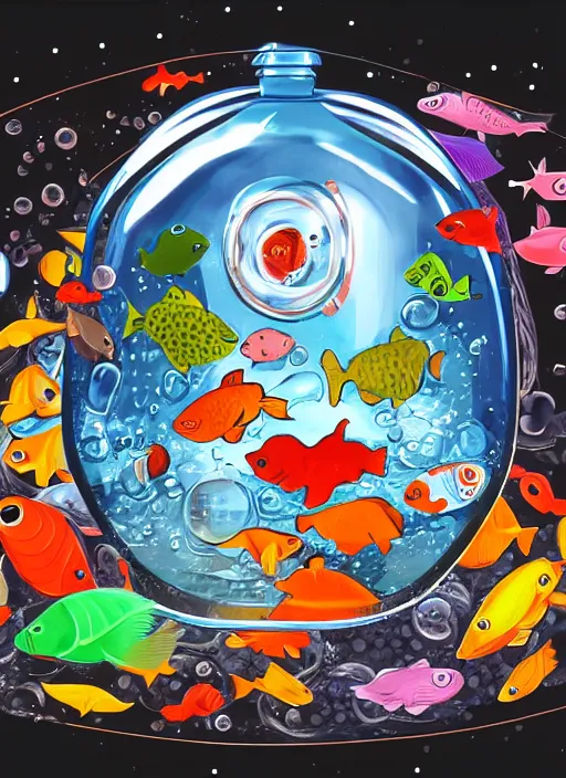 Prompt: the space closed in a bottle of water filled with fishes, trending on art station, very detailed, detailed background