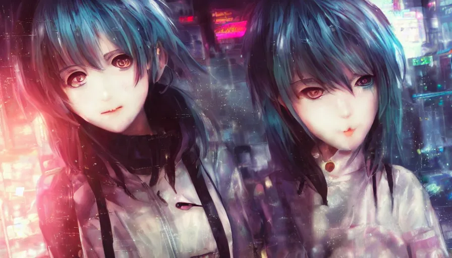 Prompt: cute anime girl in a cyberpunk city by wlop, heterochromia, closeup, short minidress, light clothing, light rain, hyper real, detailed digital art, hatsune miku