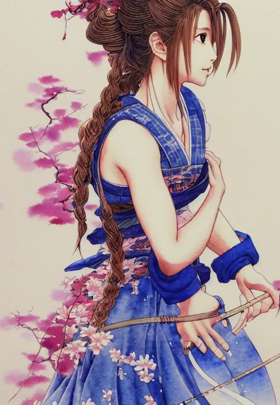 Image similar to a full-body watercolor painting of Aerith Gainsborough by Yoshitaka Amano, ukiyo-e, nouveau, concept art, 80's fantasy art, highly detailed, intricate, trending on artstation, award-winning