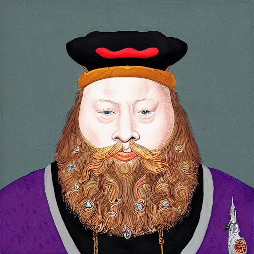 Prompt: action bronson stoned, portrait, action bronson as king henry viii, regal hat, king, stately, painting