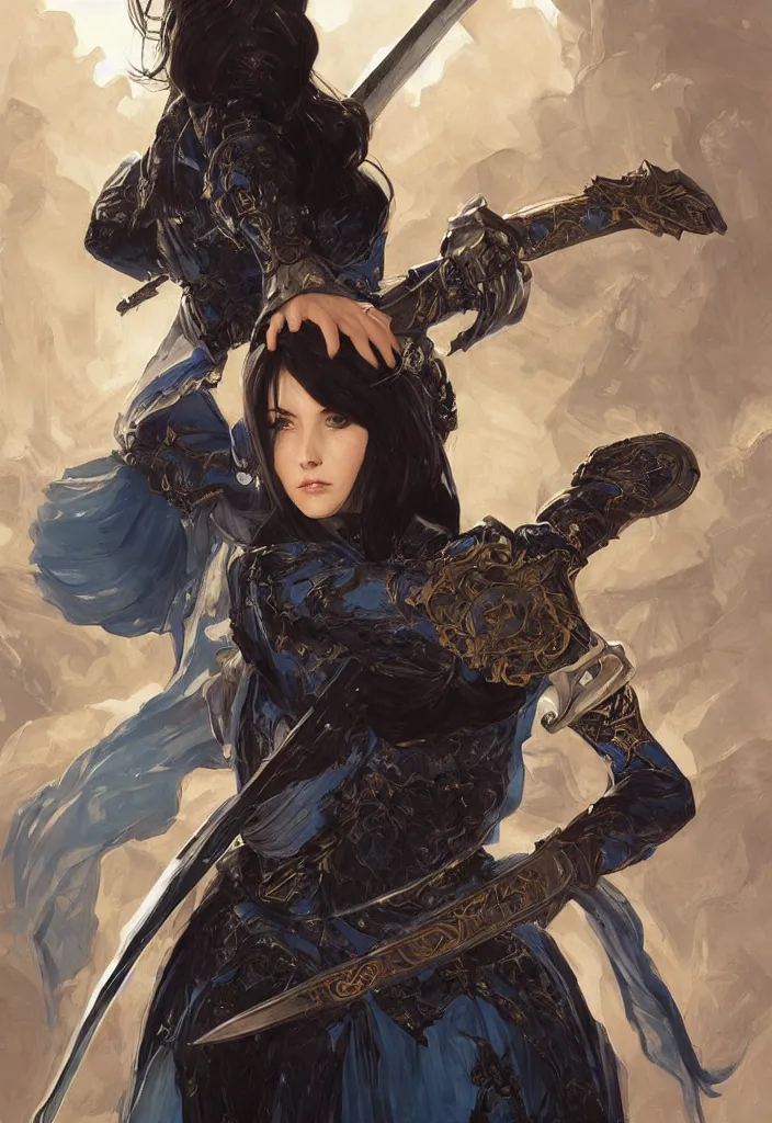 Prompt: portrait of a woman dressed in plate armor with black hair and blue eyes wielding a greatsword, elegant, digital illustration, fire magic, detailed, intricate, sharp focus, digital painting, deep focus, digital painting, artstation, concept art, matte, art by artgerm and greg rutkowski and alphonse mucha
