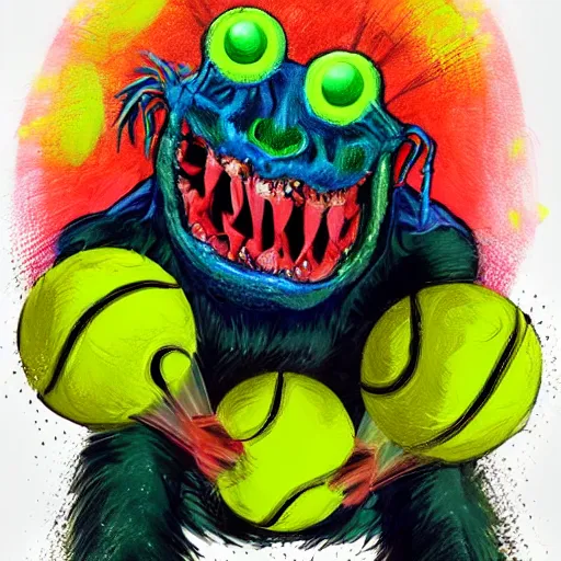 Image similar to a monster made out of tennis balls, tennis racket, colorful, digital art, fantasy, magic, trending on artstation, ultra detailed, professional illustration by Basil Gogos