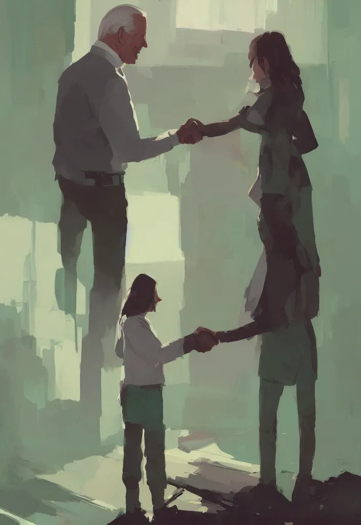 Prompt: joe biden and anya taylor - joy shaking hands, by atey ghailan, by greg rutkowski, by greg tocchini, by james gilleard, by joe gb fenton, dynamic lighting, gradient light green, brown, blonde cream, salad and white colors in scheme, grunge aesthetic