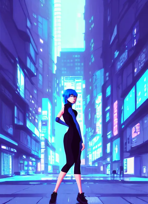 Prompt: digital illustration of cyberpunk pretty girl with blue hair, wearing a tight black dress, full body pose, in city street at night, by makoto shinkai, ilya kuvshinov, lois van baarle, rossdraws, basquiat