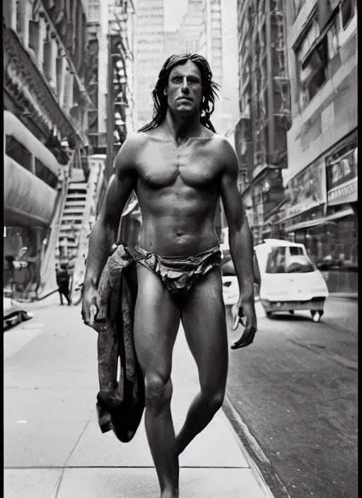 Image similar to portrait of tarzan walk over the street of new york, by charlotte grimm, natural light, detailed face, beautiful features, symmetrical, canon eos c 3 0 0, ƒ 1. 8, 3 5 mm, 8 k, medium - format print, half body shot