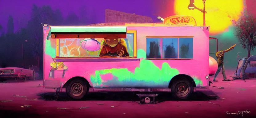 Prompt: beautiful masterpiece painting of a food truck taco vendor in a future radioactive glowing swamp, halo vehicle, grunge cyberpunk, by Remedios Varo and Anato Finnstark and Greg Rutkowski, dayglo pink, dayglo blue, by Craig Mullins, ilya kuvshinov, krenz cushart, artgerm, 8k, trending on ArtStation