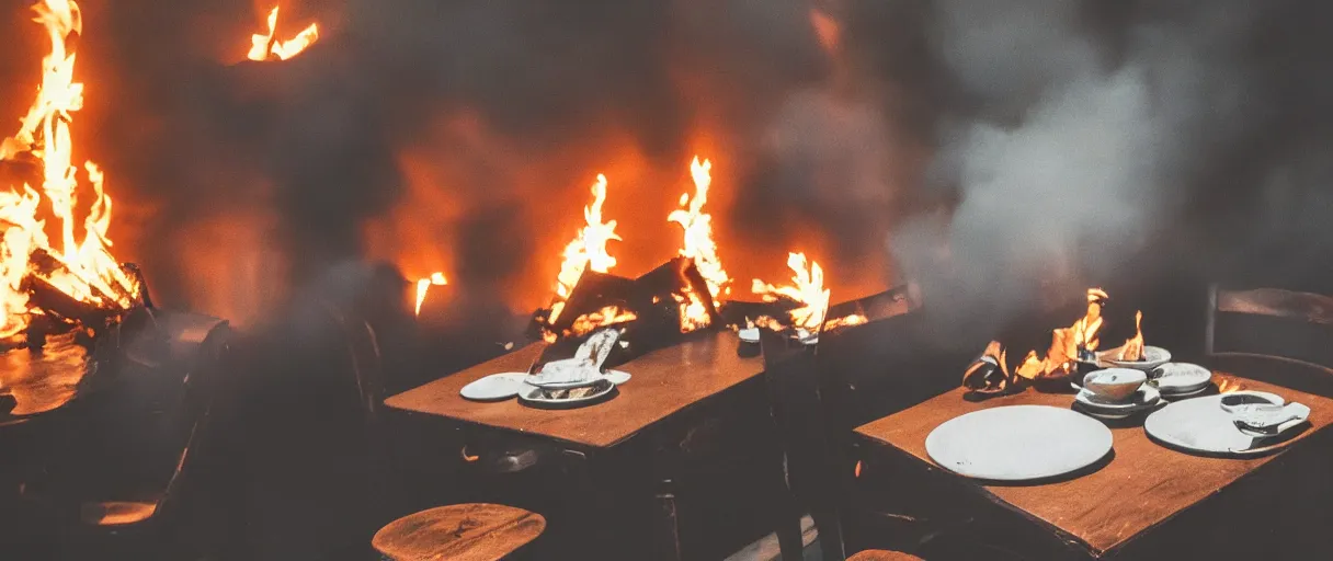 Image similar to a photograph of a big fire on a dining room on fire, only remains a wooden table and a chair (no fire at all there), an human-like relaxed dog sitting at this table, ☕ on the table, surrounded by flames, a lot of flames behind the dog, black smoke instead of the ceiling, no watermark