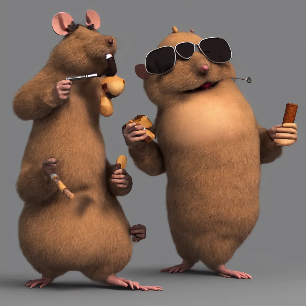 Prompt: chubby anthropomorphic rat smoking an enormous cigar, wearing sunglasses, long fur, anthropomorphic, blender, 3d render, 4k