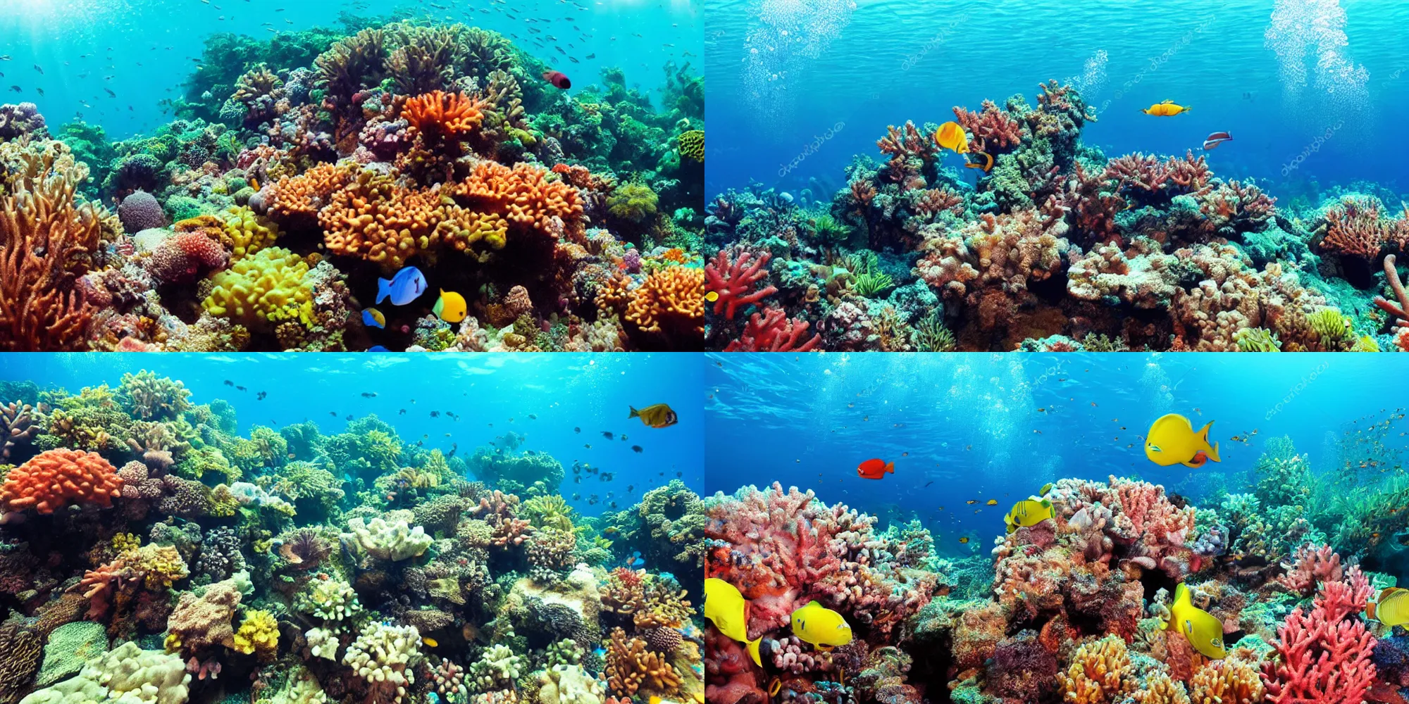 Prompt: landscape photo, underwater diving, coral reef, tropical fishes