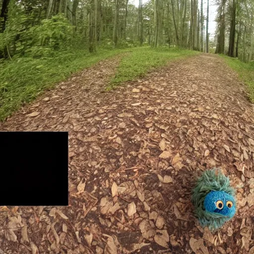 Image similar to Cookie monster caught on trail cam, trail camera footage, wide angle lens, night vision