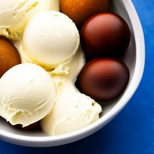 Image similar to closeup of a bowl with three balls of plain vanilla ice cream. Simplistic. Food photography.