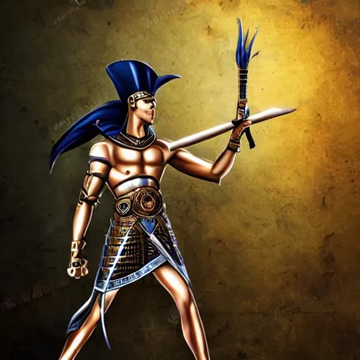 Image similar to pharaoh holding a spear in an epic pose, steampunk style, epic background, award winning