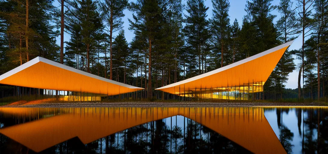 Image similar to faceted roof planes lift and descend creating shade and architectural expression, highly detailed, situated in the forest, next to a highly reflective lake, at dusk, vivid color