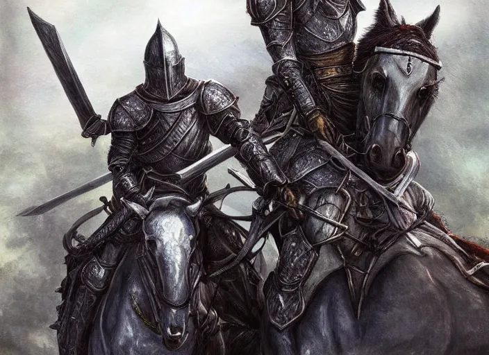 Image similar to knight on horseback, fantasy art, very detailed, beautiful, dark souls, lush landscape