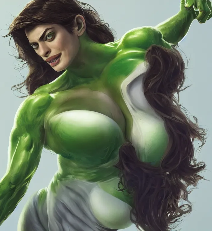 Image similar to anne hathaway as shehulk, au naturel, hyper detailed, digital art, trending in artstation, cinematic lighting, studio quality, smooth render, unreal engine 5 rendered, octane rendered