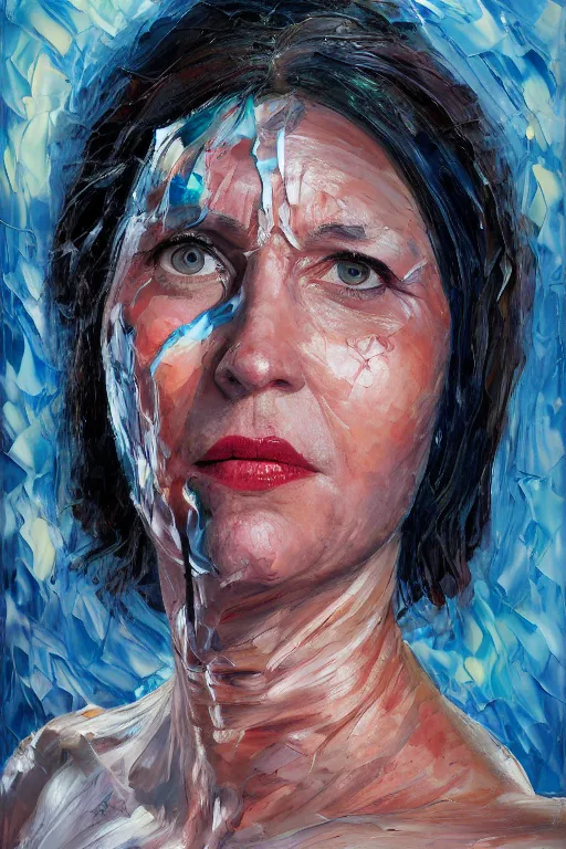 Image similar to palette knife oil painting portrait dr krystal knight, woman, late 4 0 s, eyes filled with icy hate, extreme detail, artstation trending, ice, cold, freezing, blue, artgerm, any racial background, deviant art, octane, substance, art history 8 k