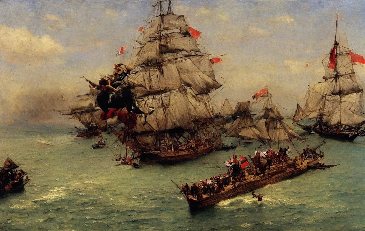 Image similar to one british brig sailing next to the nigerian coastline, from above, 1865, bright colors oil on canvas, by Ilya Repin