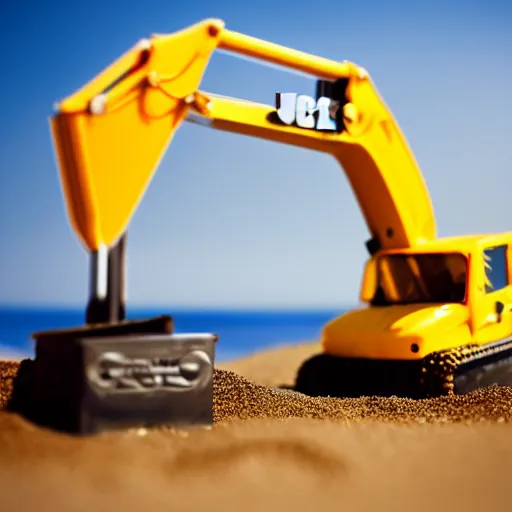 Prompt: an excavator toy sunbathing on the beach, depth of field, holiday vibe, jcb, photo style, ultra realistic