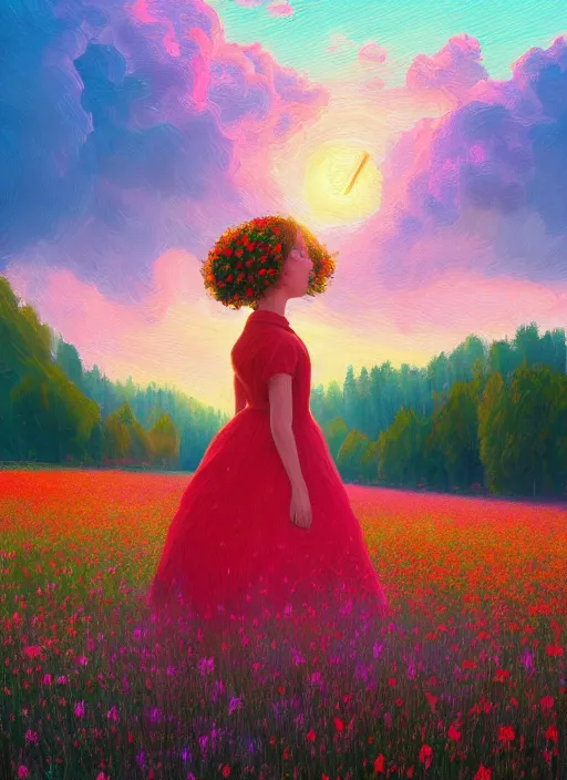 Image similar to girl with giant flower as a face and flower dress, standing in a flower field hills, big trees, sunrise dramatic light, impressionist painting, colorful clouds, digital painting, pointillism, artstation, simon stalenhag