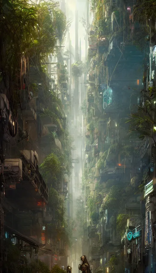 Image similar to hyper realistic cyberpunk city, overtaken by lush plants, gnarly trees by tom bagshaw, mucha, gaston bussiere, craig mullins, j. c. leyendecker 8 k