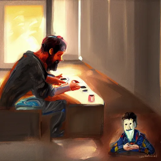 Prompt: homeless man gaming on a PC, expressive oil painting, digital art, matte art