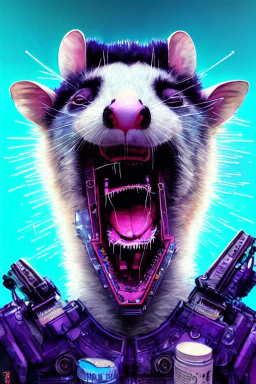 Image similar to a beautiful portrait of a cute cyberpunk opossum screaming by sandra chevrier and greg rutkowski and wlop, purple blue color scheme, high key lighting, volumetric light, digital art, highly detailed, fine detail, intricate, ornate, complex, octane render, unreal engine, photorealistic