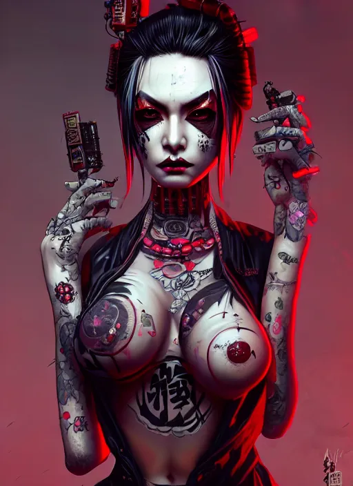 Image similar to geisha yakuza gothic cyborg cyberpunk gutter punk, urban decay, decay, underworld, dark art, highly detailed, digital painting, octane render, artstation, concept art, smooth, sharp focus, illustration, art by artgerm, loish, wlop