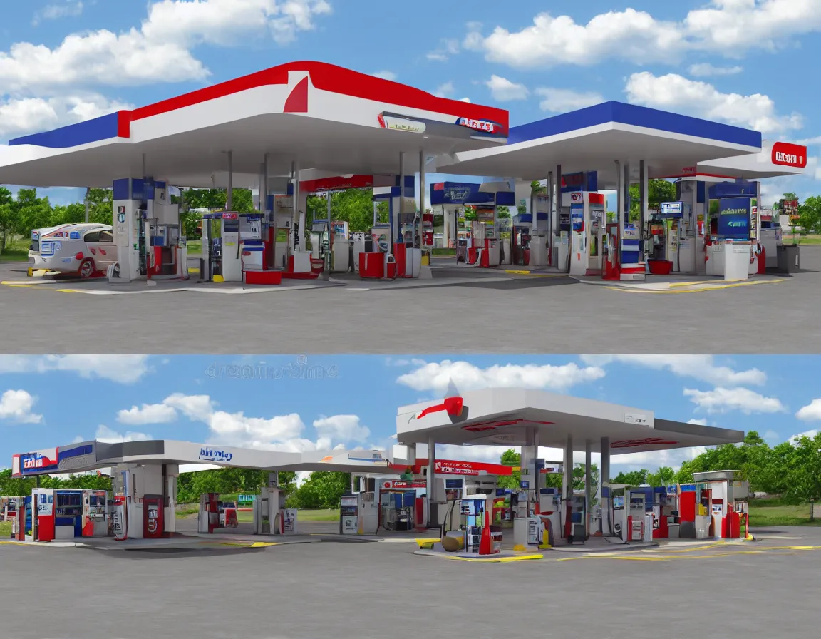 Image similar to hyper realistic 3 d rendering of gas station isolated on white background, hd, hdr, ultra detailed, high resolution