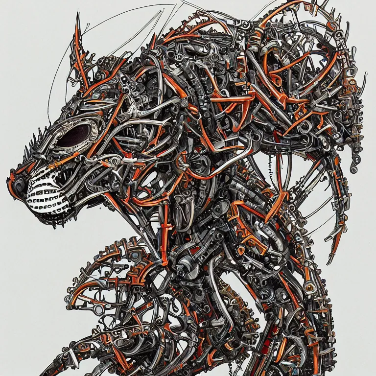 Image similar to detailed portrait artwork of a biomechanical lynx by subjekt zero. colored centered uncut. slightly lowbrow. influenced by andrei riabovitchev and igor goryunov.