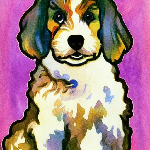 Prompt: cute, pop art style bernedoodle, watercolor painting, by alphonse mucha and william morris