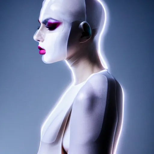 Prompt: high fashion photography of a model in neo futurism white sci - fi makup, transparent cloth, beautifully lit by white neon