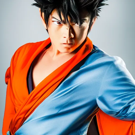 Image similar to portrait of man cosplaying as goku, studio lighting, 8k