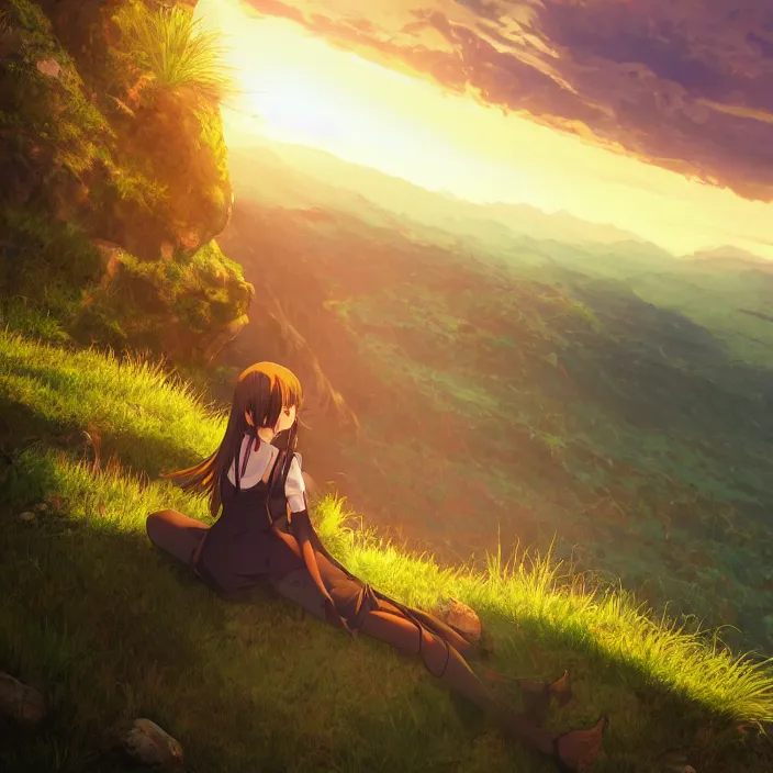 Image similar to Anime Girl Sitting on Edge of Cliff at a Green Valley at Sunset, Golden Hour! Trending on Artstation, Pixiv, Deviant Art!