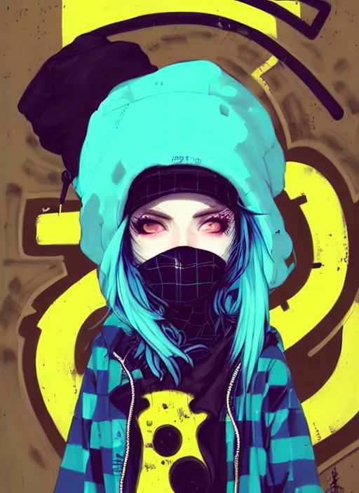 Image similar to highly detailed portrait of a sewer punk lady student, blue eyes, tartan hoody, hat, white hair by atey ghailan, by greg tocchini, by kaethe butcher, by alex horley, gradient yellow, black, brown and cyan color scheme, grunge aesthetic!!! ( ( graffiti tag wall ) )