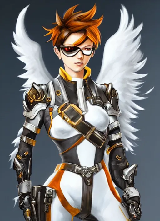 Prompt: full body artwork of tracer overwatch, wearing white steel armor outfit, in style of mark arian, angel wings, dramatic painting, wearing detailed leather collar, ornate highly detailed white shiny armor, chains, black harness, detailed face and eyes,