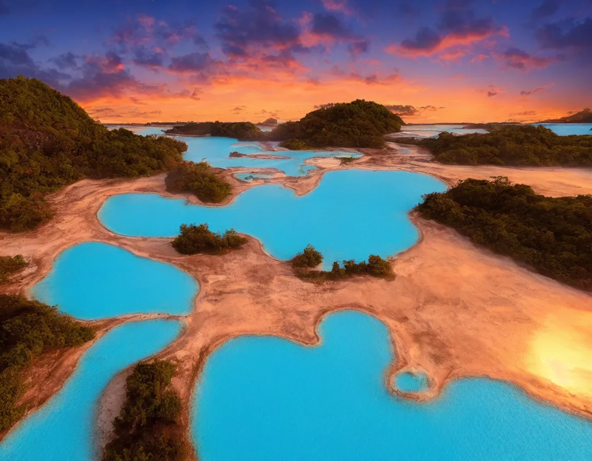 Image similar to photo of ultra realistic blue lagoon with exotic tree heart / shaped sandy beach island, sunset lighting