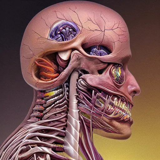 Image similar to nightmare etherreal iridescent vascular nerve bundles pearlescent spinal chord horror by naoto hattori, zdzislaw, norman rockwell, studio ghibli, anatomical cutaway