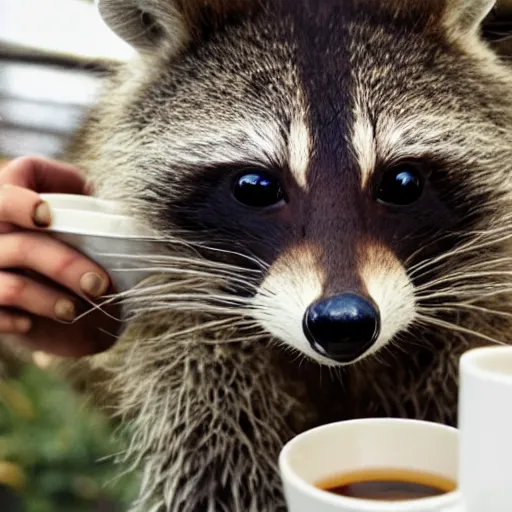 Prompt: mad racoon drinking coffee