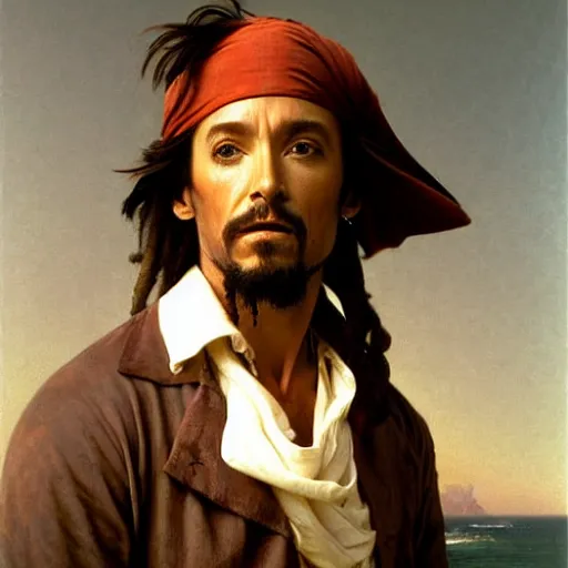 Image similar to Painting of Hugh Jackman as Jack Sparrow. Art by william adolphe bouguereau. During golden hour. Extremely detailed. Beautiful. 4K. Award winning.