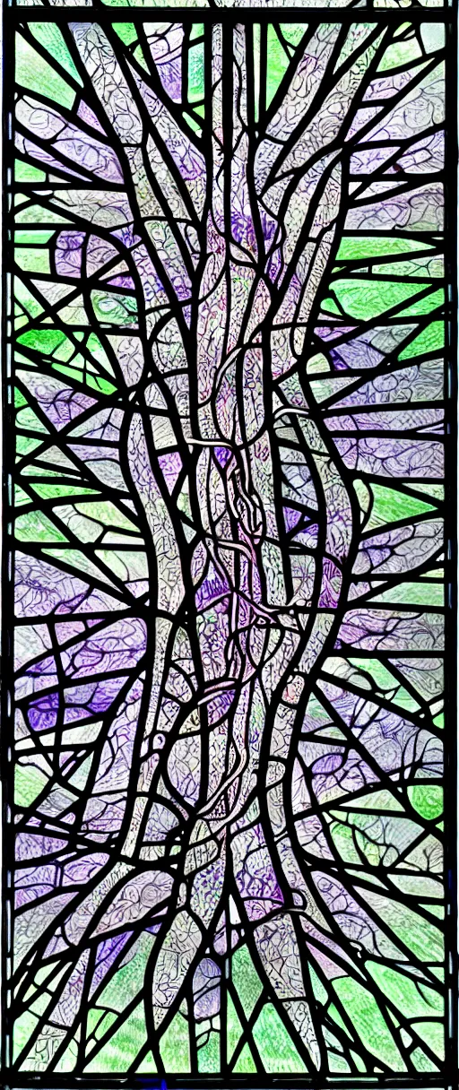 Prompt: neuron nerve cell with nucleus, dendrites, and axon, mucha, intricate stained glass, translucent cathedral window