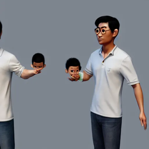 Image similar to asian man who can ’ t believe he ’ s holding a black twins, pixar, 3 d render, artstation, unreal engine