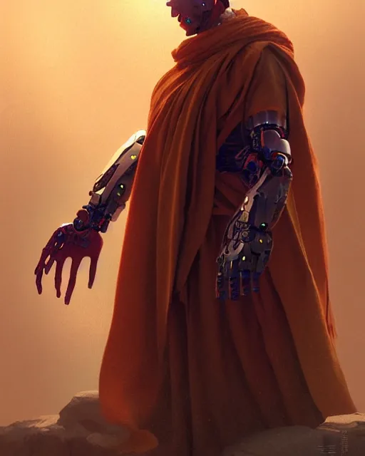 Image similar to a cyborg warrior monk praying, wearing a flowing cloak, cyborg hardware, 3 d render, octane, zbrush, painting, artstation, concept art, smooth, sharp focus, illustration, art by artgerm and greg rutkowski and alphonse mucha