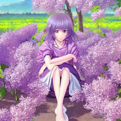 Prompt: portrait of a girl sitting at the field of lilac, anime fantasy illustration by tomoyuki yamasaki, kyoto studio, madhouse, ufotable, trending on artstation