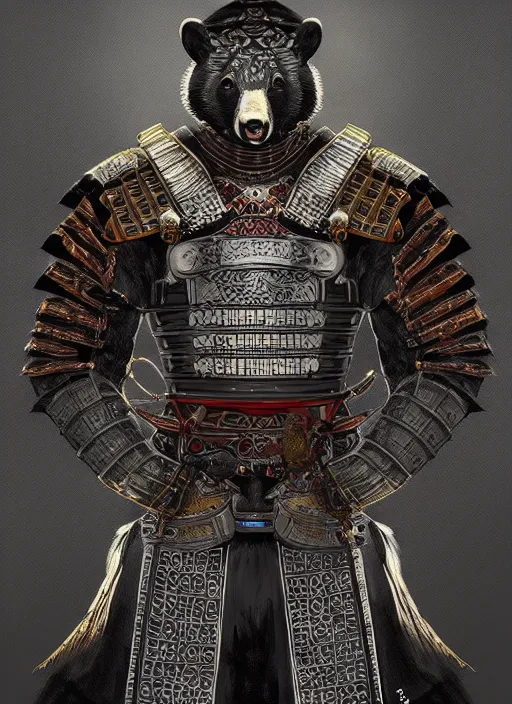 Prompt: a full body portrait of a fully armored samurai Asian black bear, intricate, elegant, highly detailed, digital painting, artstation, concept art, smooth, sharp focus, illustration