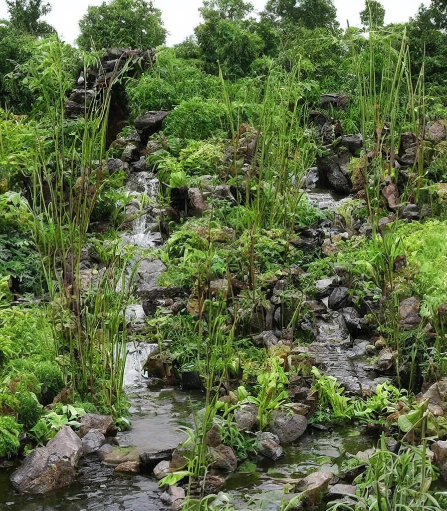 Image similar to a garden, in which there is a flowing water sculpture made of bamboo, garden landscape and symmetrical landscape ， by andre le notre ， trending ，