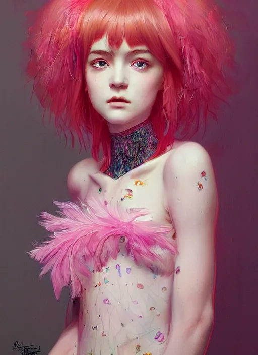 Prompt: beautiful teen girl with an eccentric pink haircut wearing an dress made of feathers, artwork made by ilya kuvshinov, inspired in donato giancola, anatomically perfect
