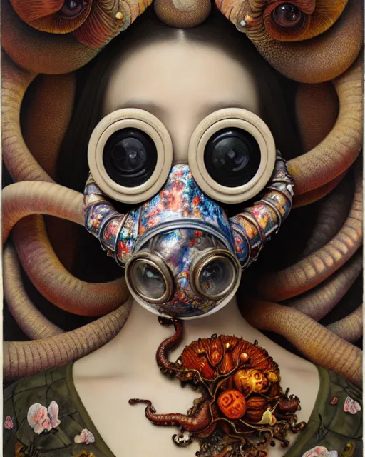 Image similar to a biomorphic portrait with with large eyes, expressive, wearing a botanical gas mask, baroque painting by ayami kojima, mark ryden, arcimboldo, cephalopod human, mixed media 3 d collage, focus on head, soft light, 4 k, octane high quality render