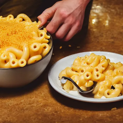 Image similar to a stream of mac n' cheese flowing out of a man's mouth into a huge bowl. His eyes are red from crying. photograph.